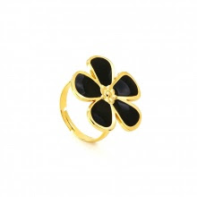 Gold adjustable ring with a black enamel flower
