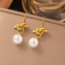 Gold love knot stud earrings with white imitation pearls
