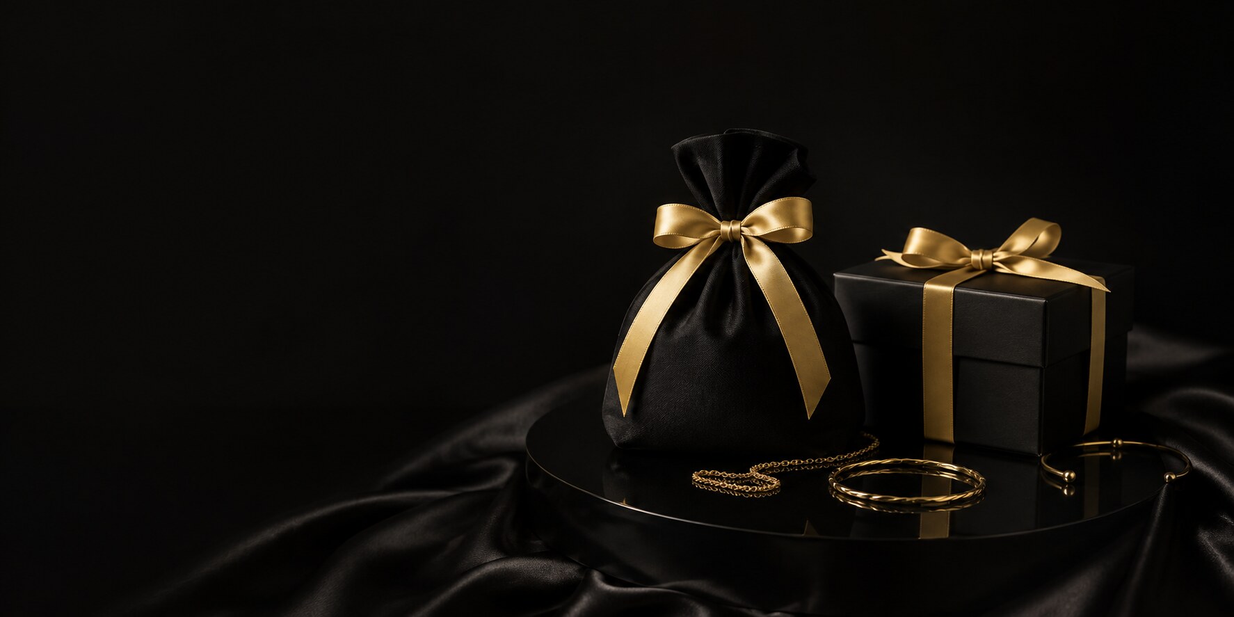 Elegant black gift pouch and gift box with gold ribbons